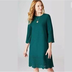 J.Jill Teal Pacific Eyelet Dress Cotton Long Sleeve Size M petite